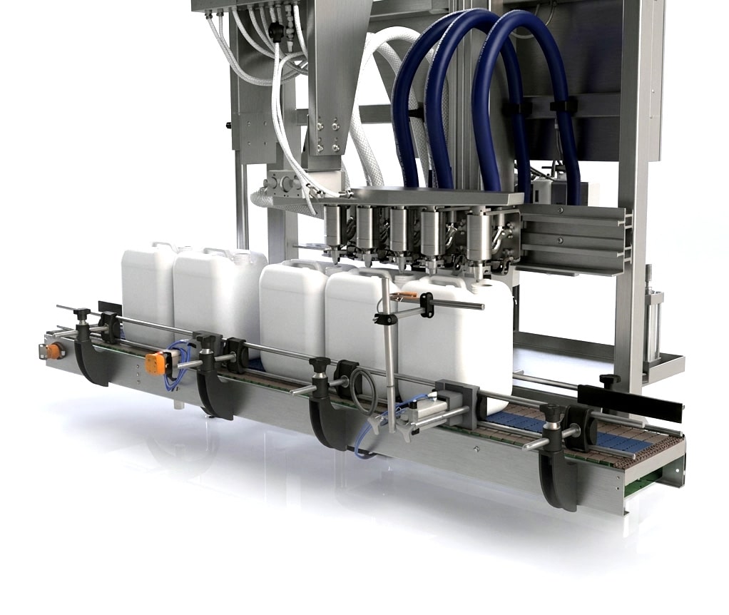 AXTRA semi-viscous liquids filling machine with multi-head piston fillers dosing medium-density product into containers on a conveyor line