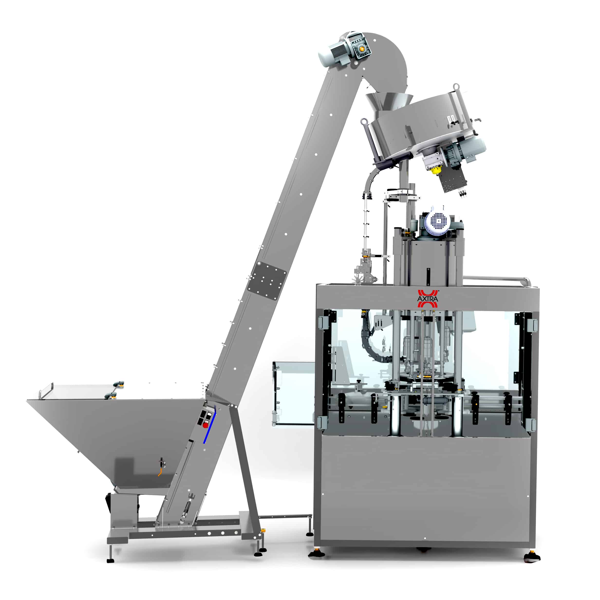 AXTRA automatic capping machine with cap elevator feeding plastic closures into the guarded capping chamber