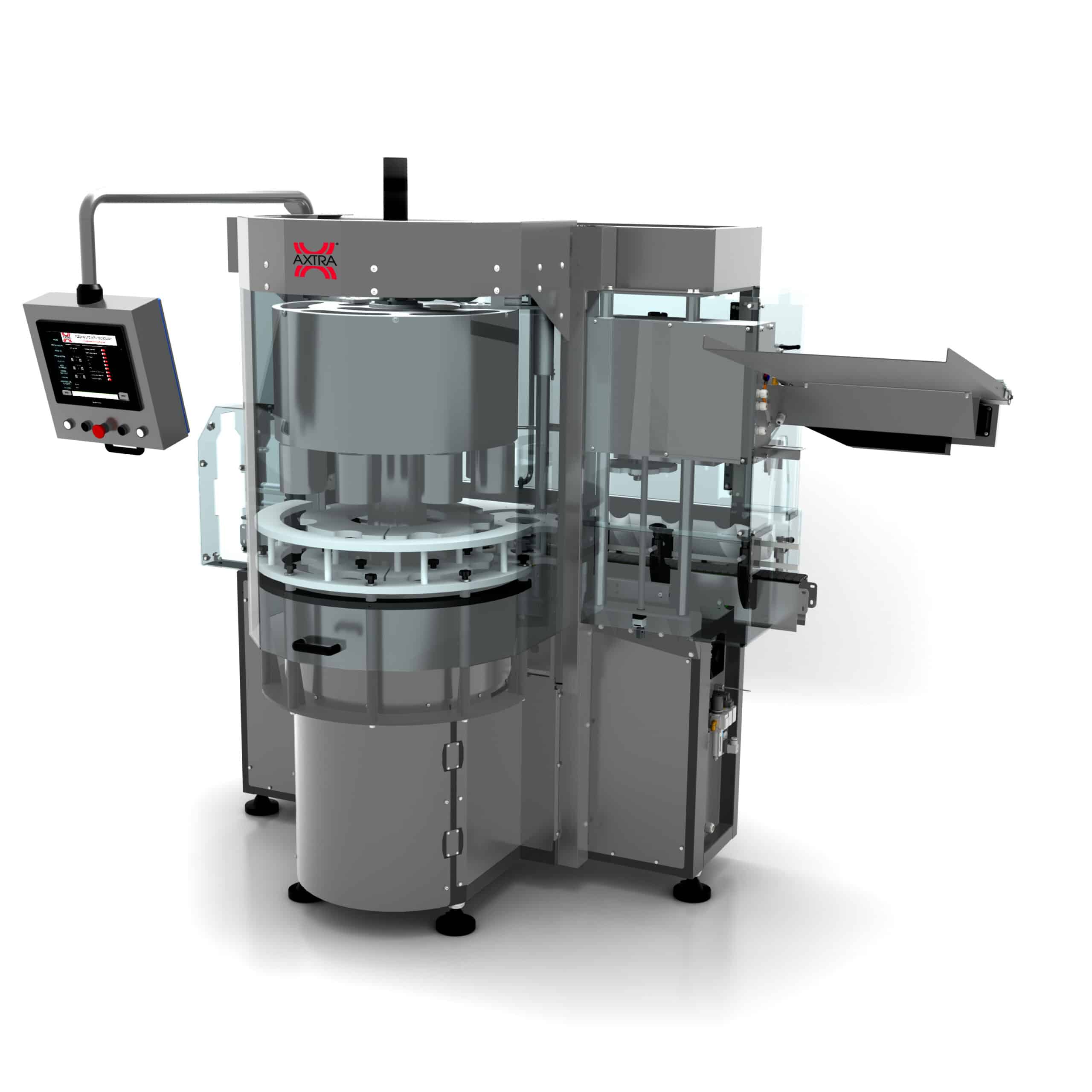AXTRA rotary capsuling machine applying and shrinking short PVC capsules on wine bottles, with capsule feeding chute and touchscreen control panel