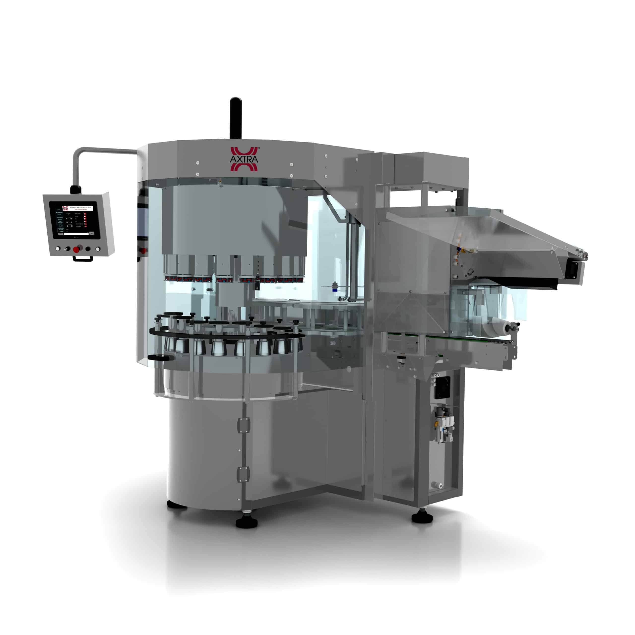 AXTRA rotary capsuling machine applying short poly-laminate capsules to bottles, with capsule feeding hopper and touchscreen control panel