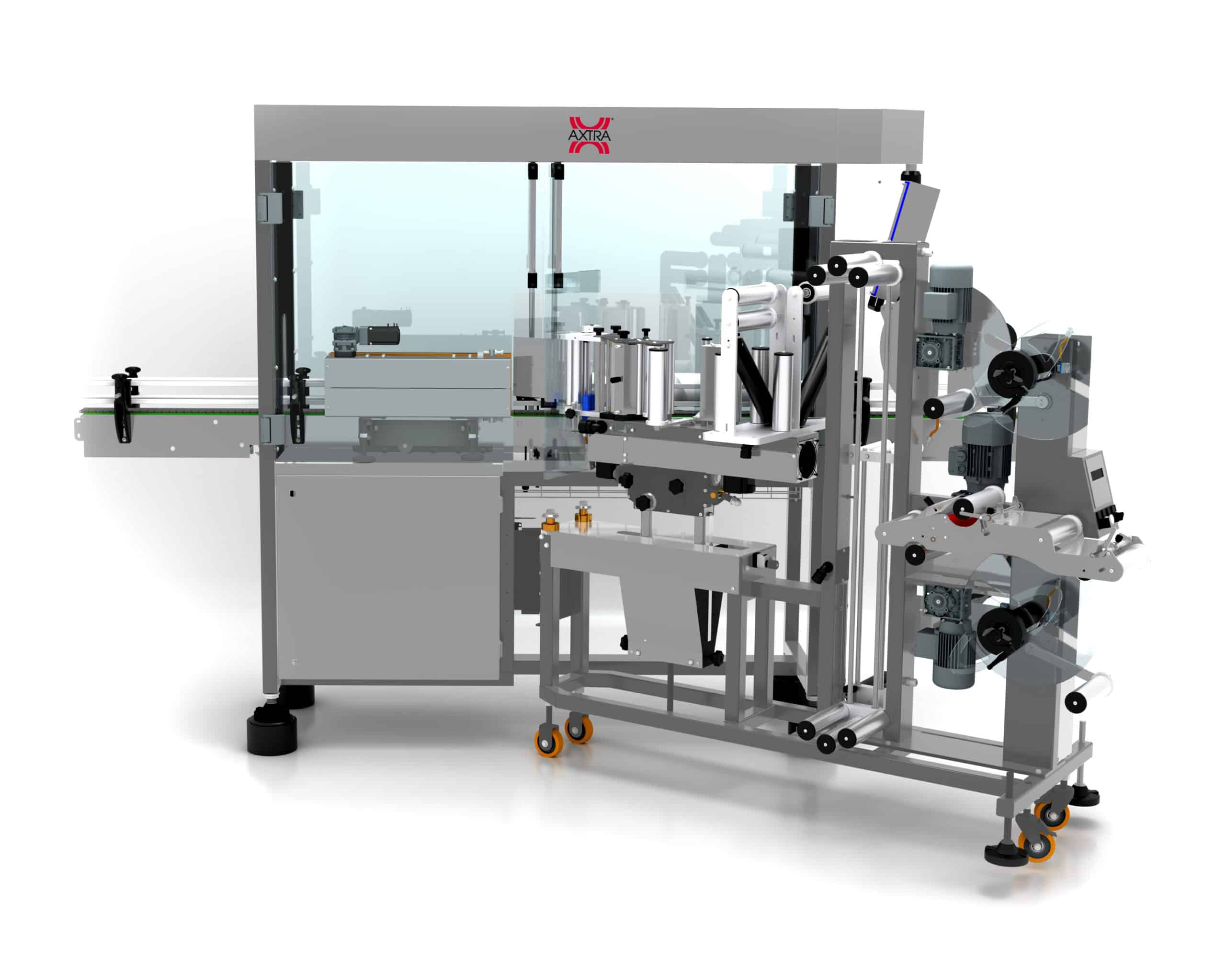 AXTRA linear self-adhesive labeling machine with label dispensing module and conveyor