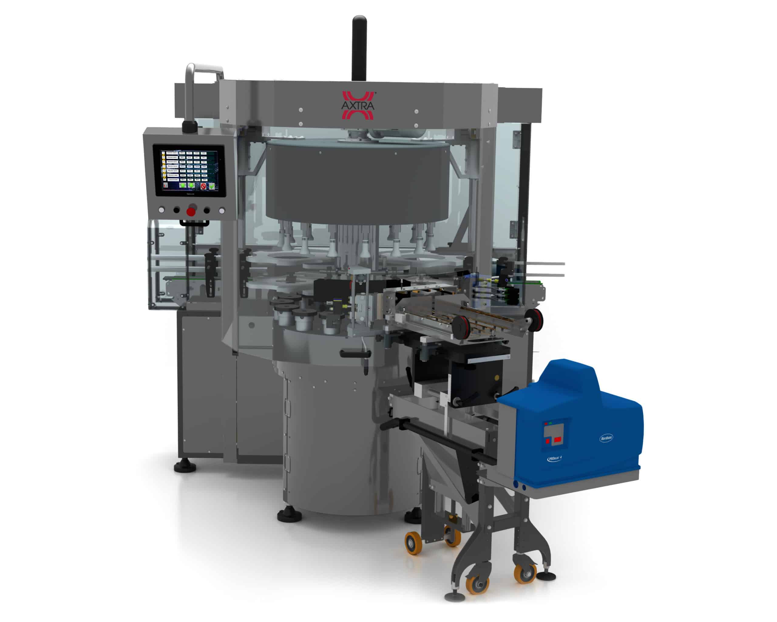 AXTRA rotary hot melt labeling machine with hot melt adhesive unit and label magazine plate