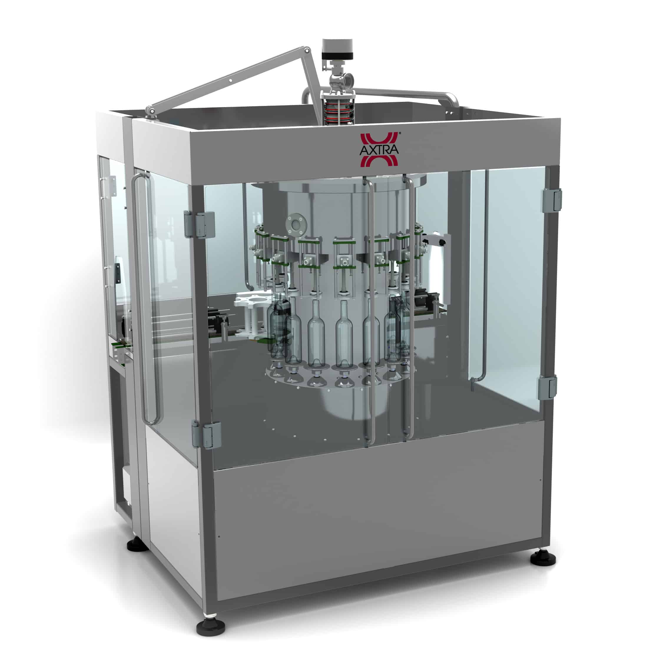AXTRA sparkling liquids filling machine, rear three-quarter view of the glass-enclosed isobaric carousel