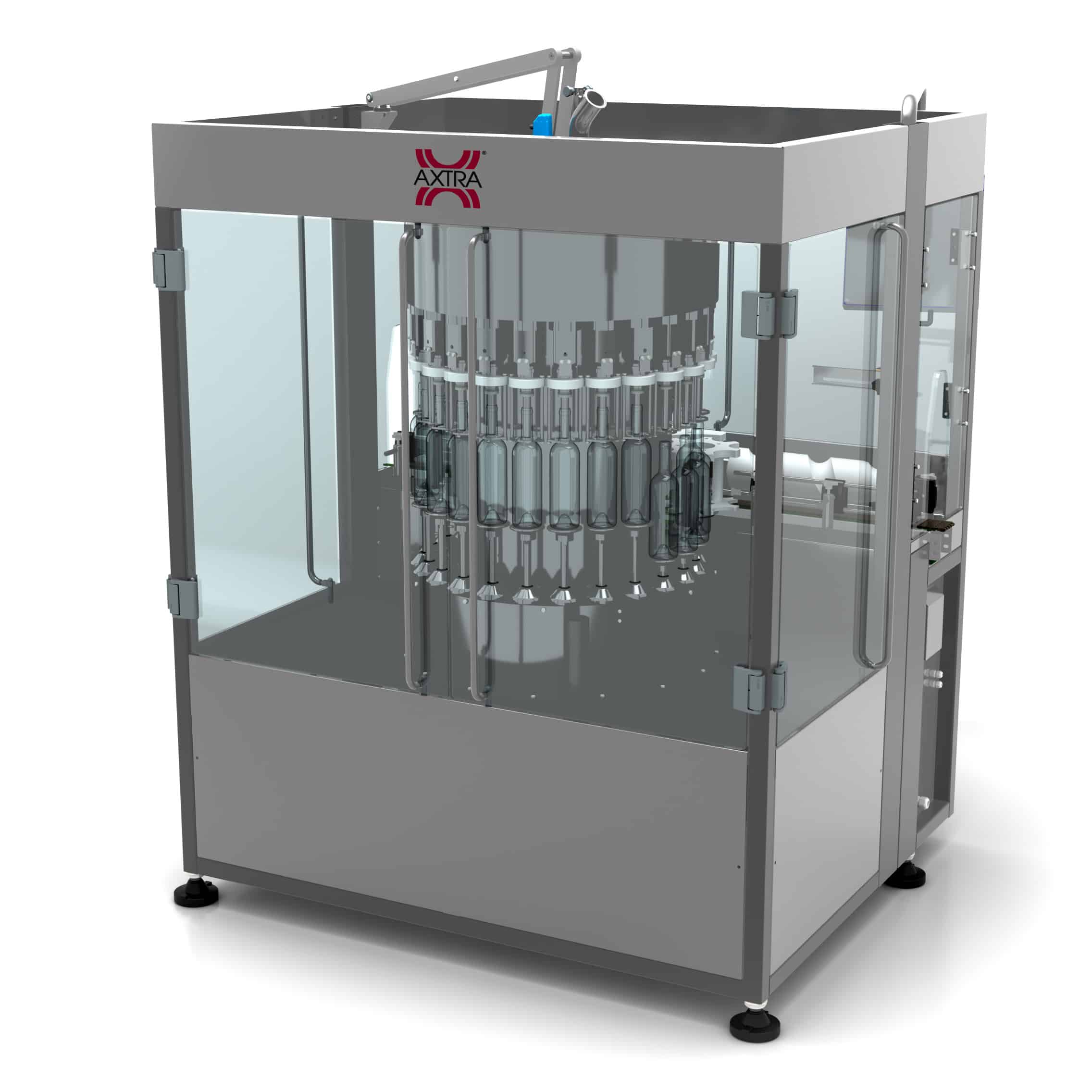 AXTRA still liquids filling machine, rear three-quarter view of the glass-enclosed rotary liquid filler