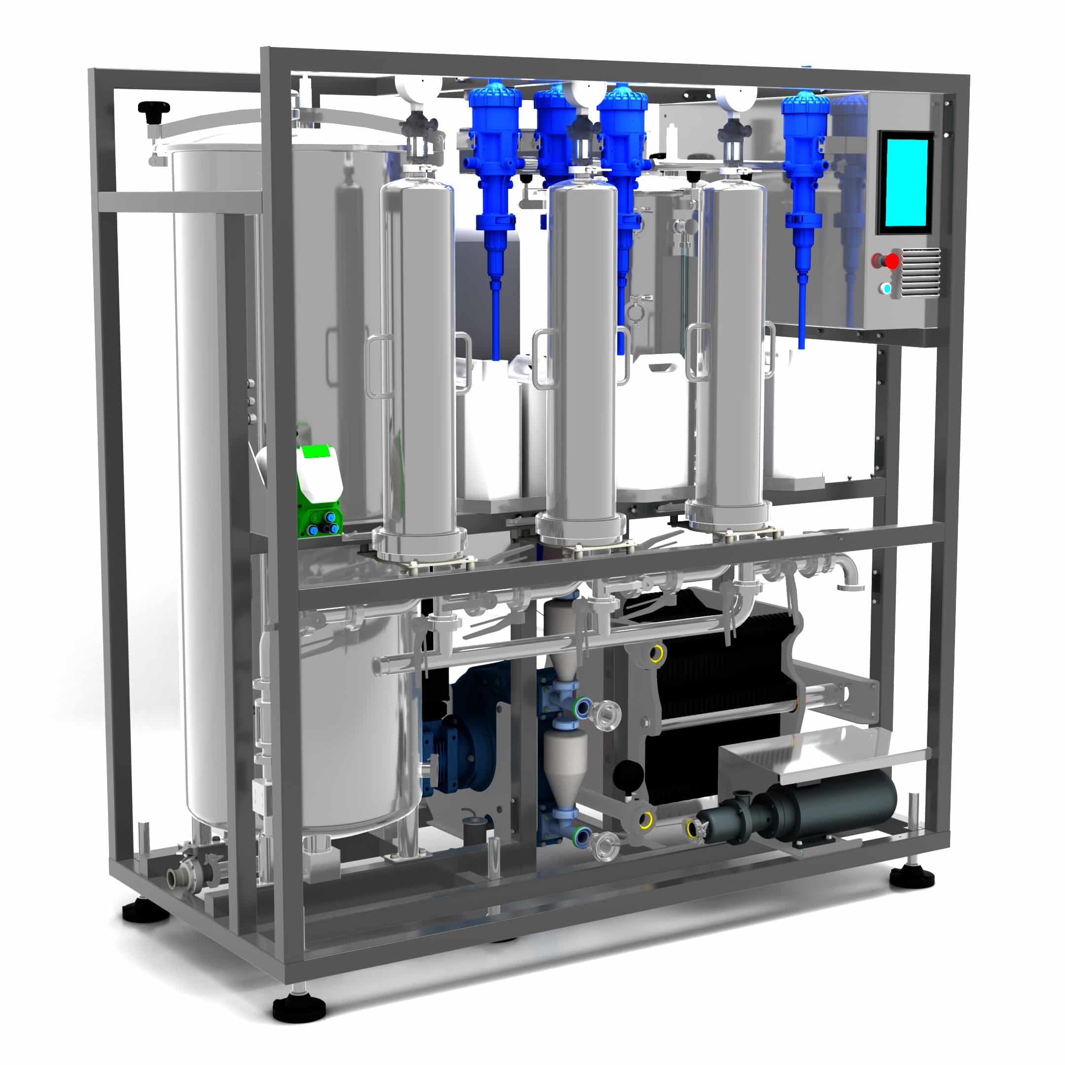 AXTRA compact skid unit for liquid pre-treatment, combining a storage tank, filter columns, pump and touchscreen control panel ahead of the filling process
