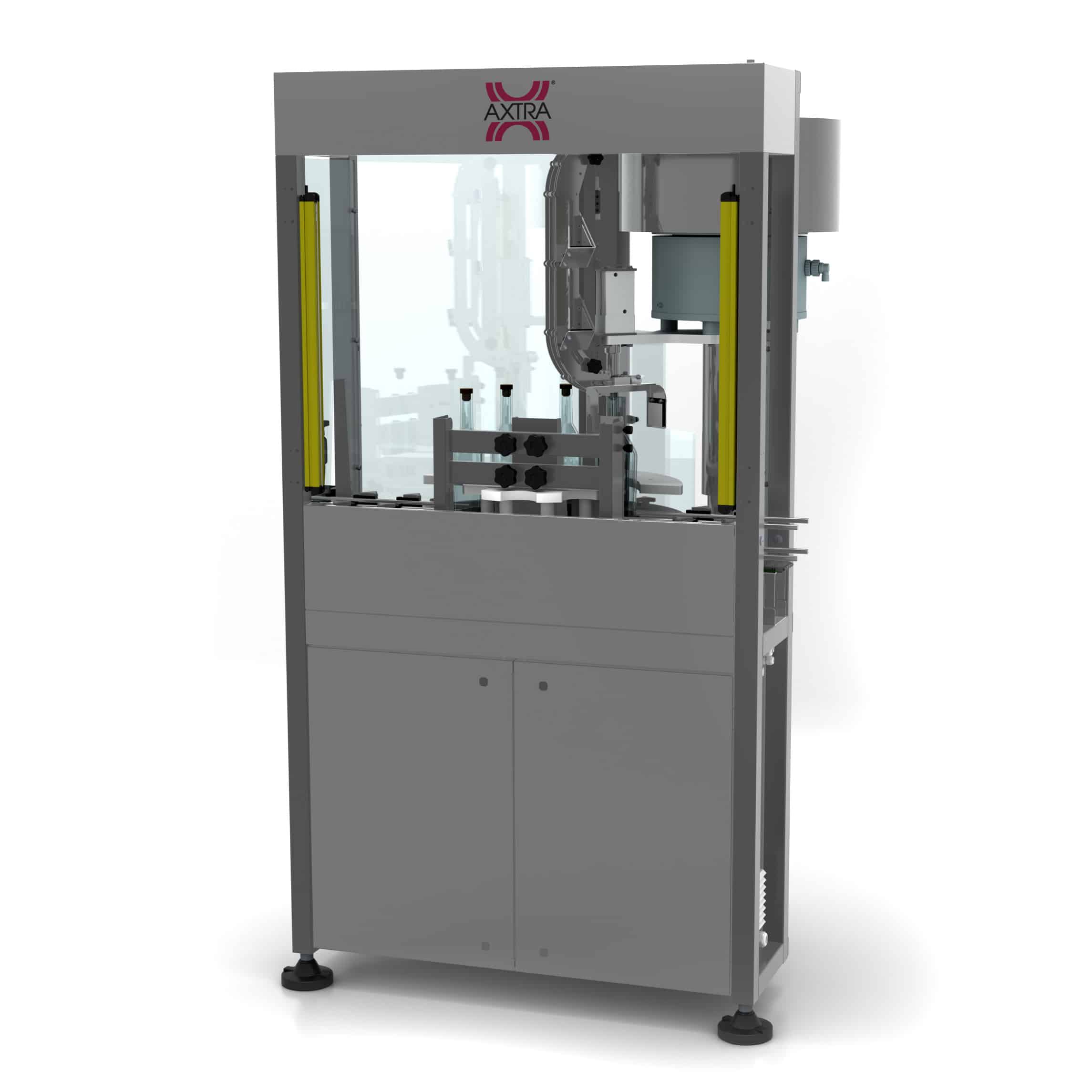 AXTRA automatic pick-and-place capping machine inserting pressure-seal T caps into bottles, with light-curtain safety guarding