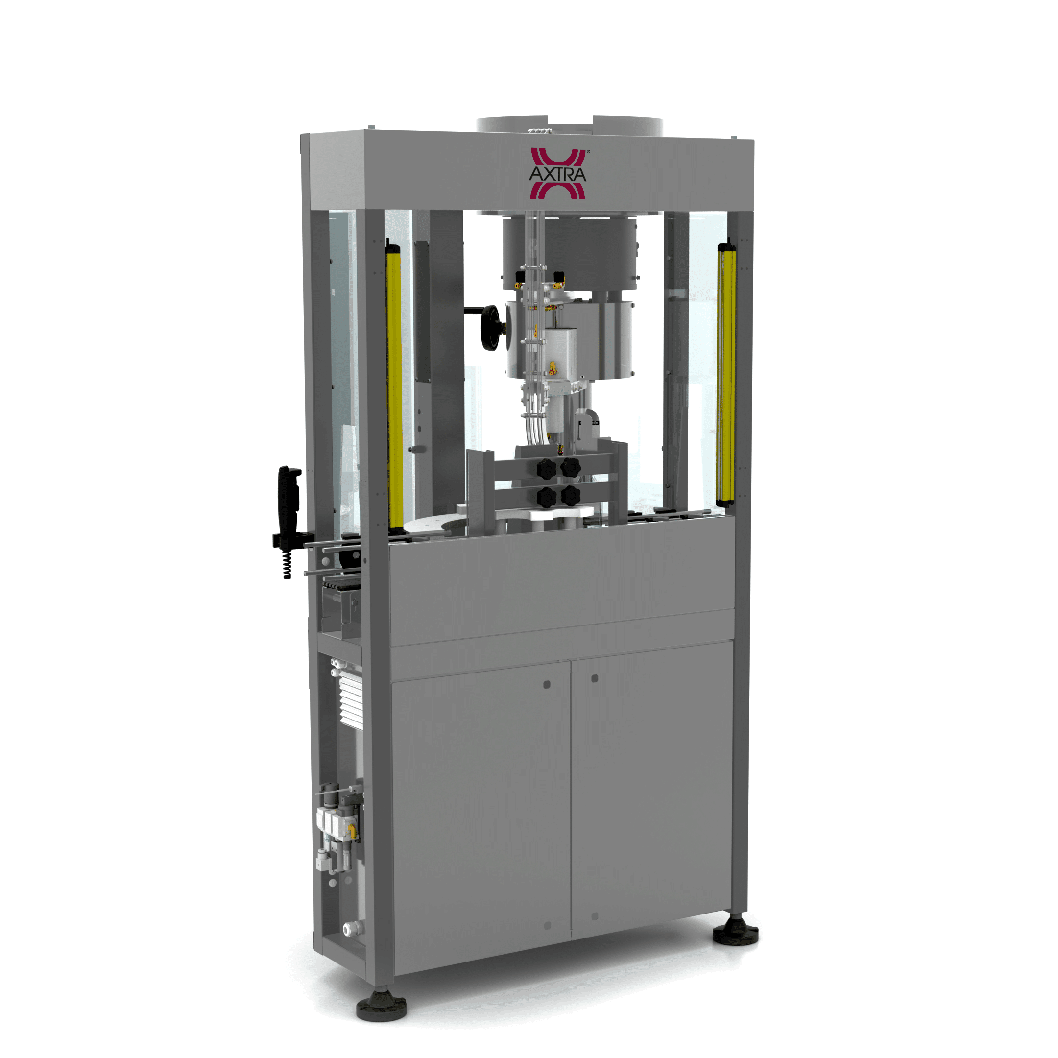 AXTRA automatic crown cap crimping machine with cap sorting hopper and light-curtain safety guarding above a bottle grid