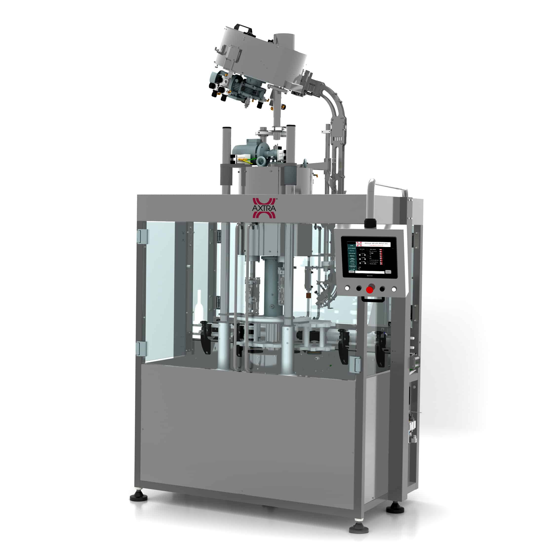 AXTRA rotary screw capping machine with cap sorting unit, touchscreen control panel and guarded capping chamber