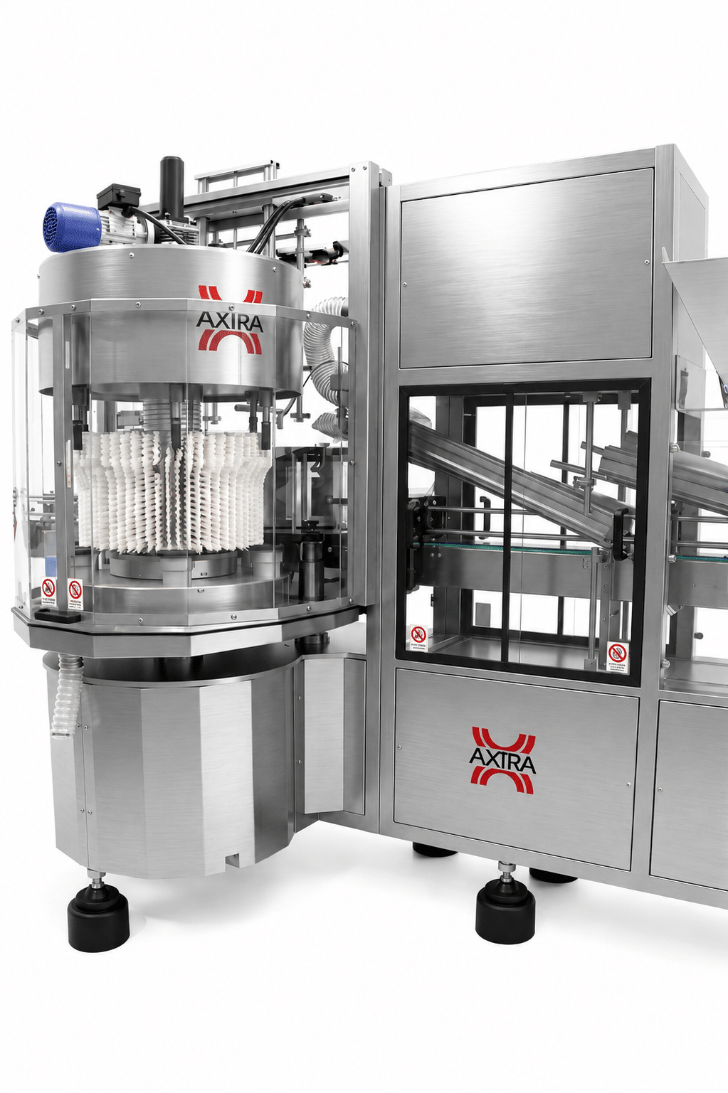 AXTRA rotary bottle washing and drying machine with a rotary carousel of gripper heads for cleaning and drying the outer surface of containers