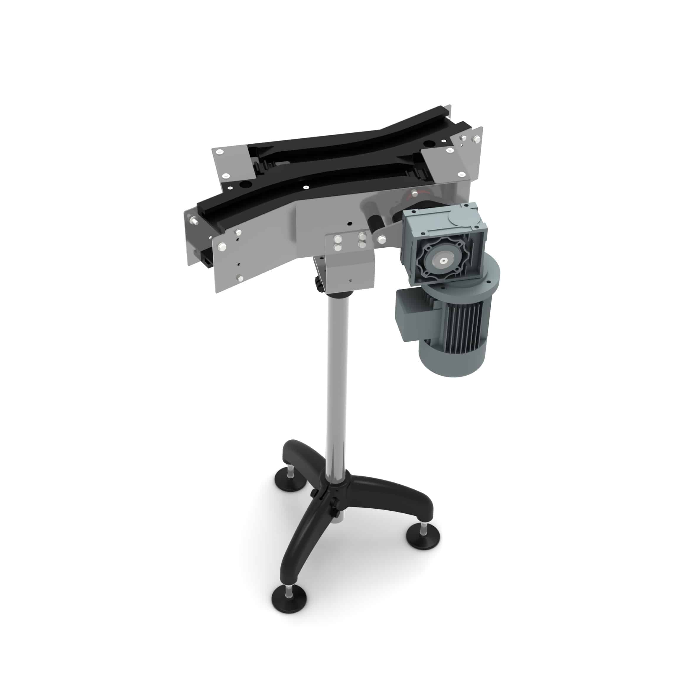 AXTRA switch shown as a motorized curved conveyor section that diverts individual containers between two routes