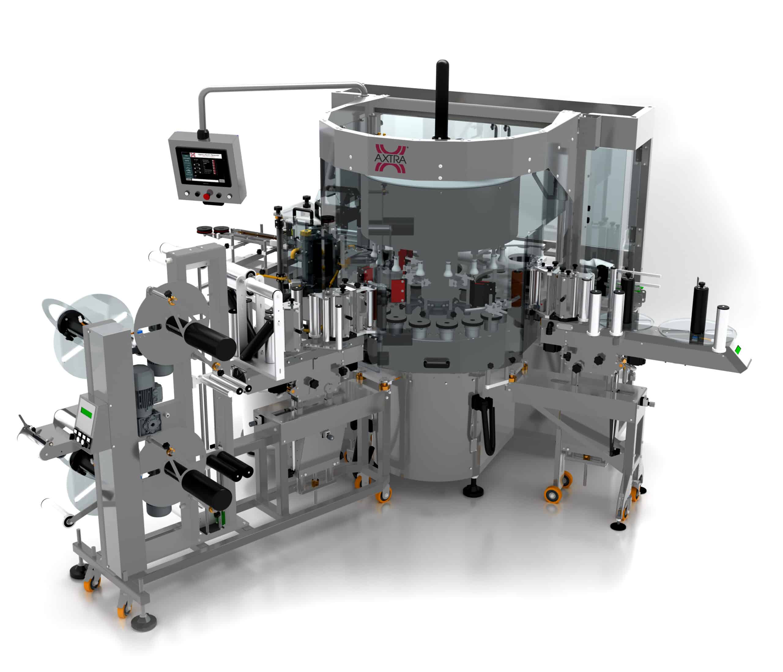 AXTRA rotary combination labeler integrating self-adhesive and cold glue label application