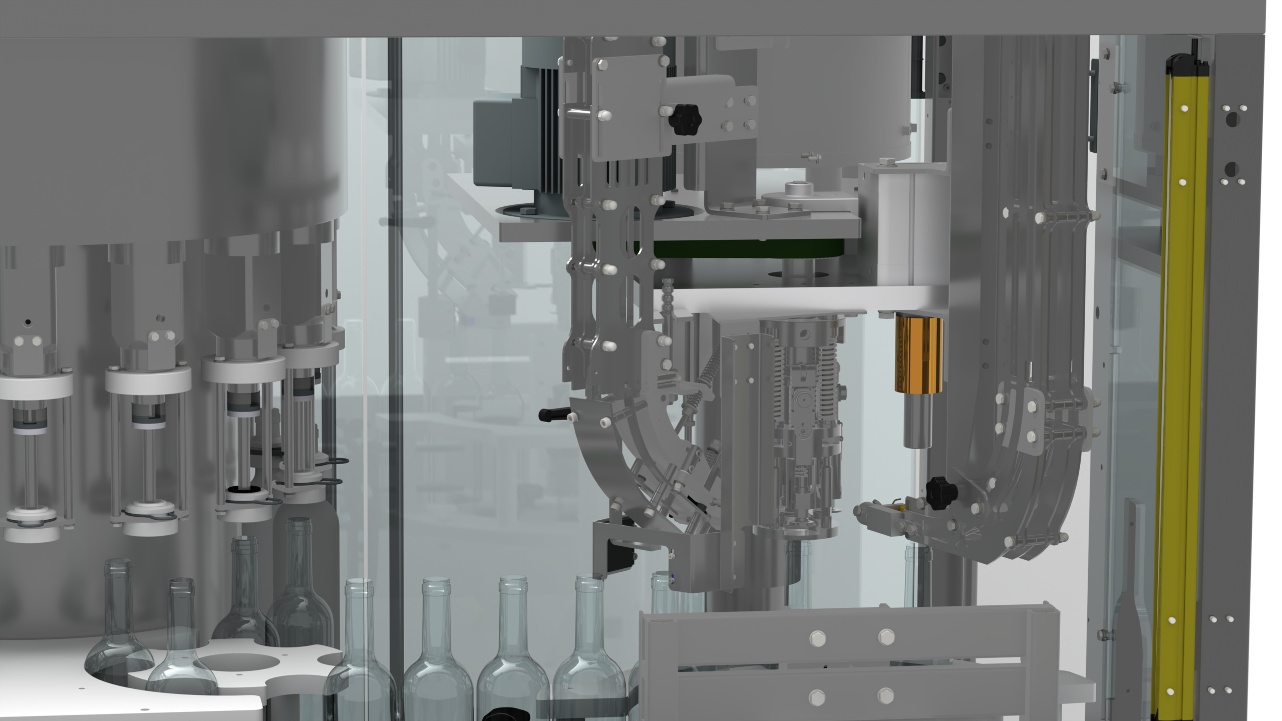 AXTRA monoblock combining two capping stations on a single rotary frame, applying different closure types to wine bottles