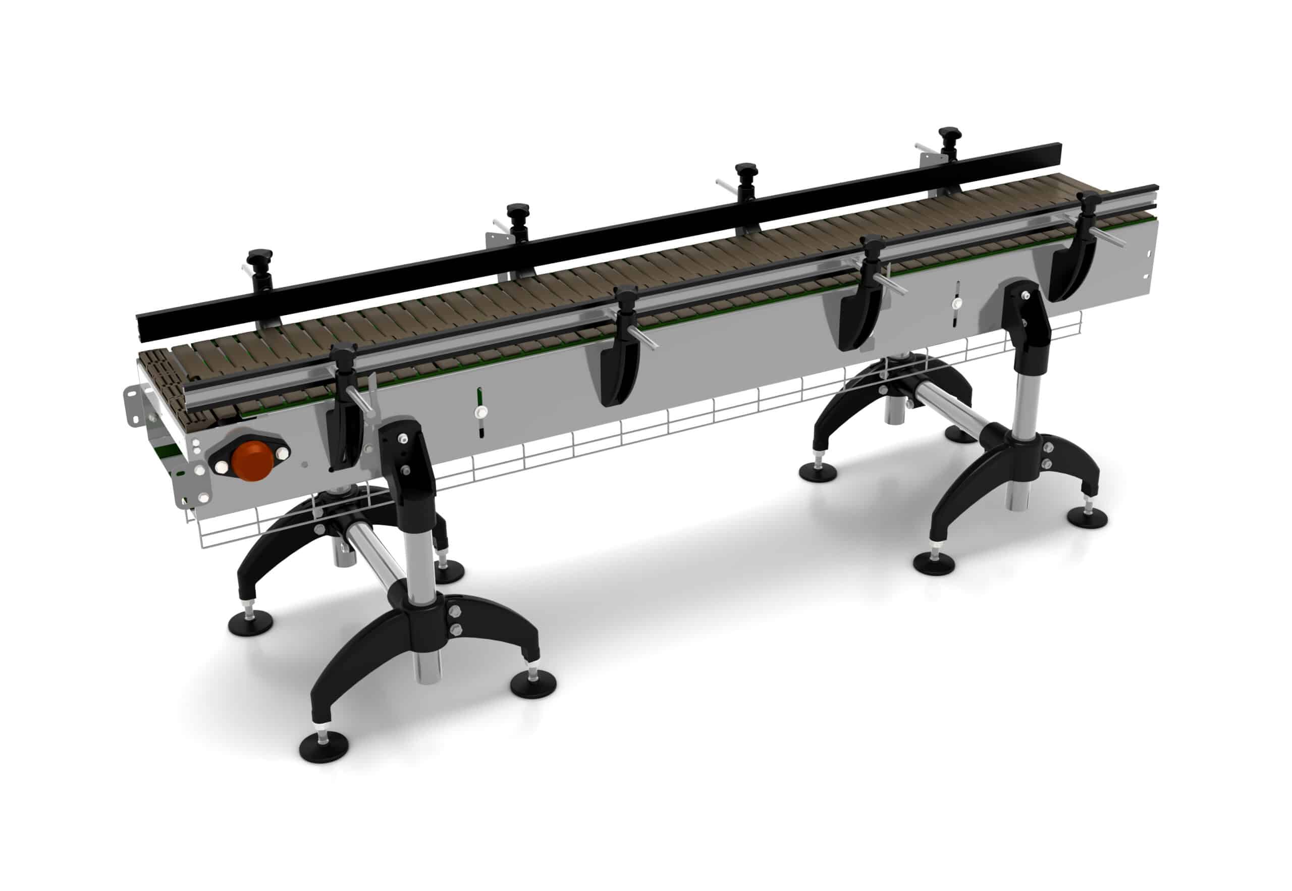 AXTRA carton roller conveyor in plastic version, a 2-metre roller section with adjustable guide rail and control button
