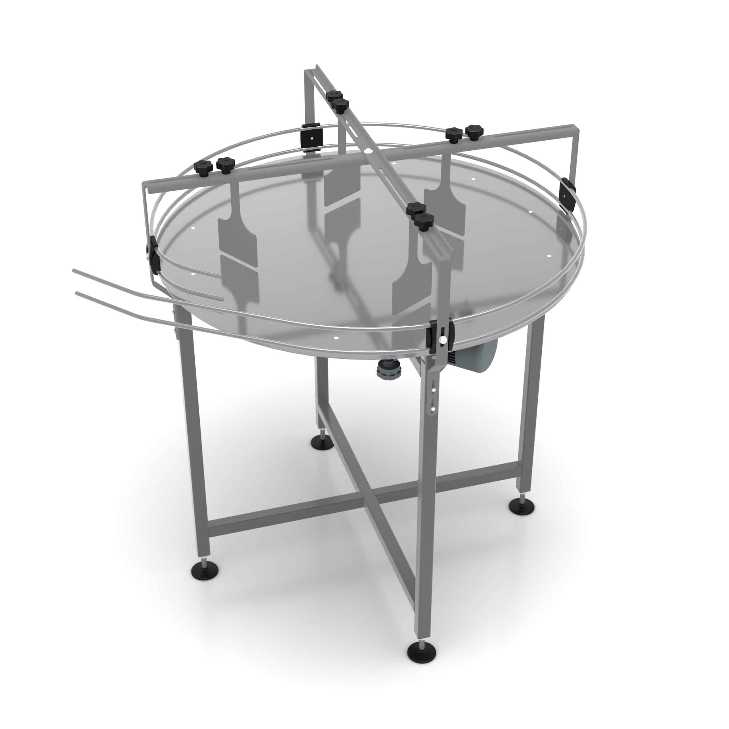 AXTRA rotary accumulation table with a round rotating surface, adjustable guide rails and a sturdy support frame