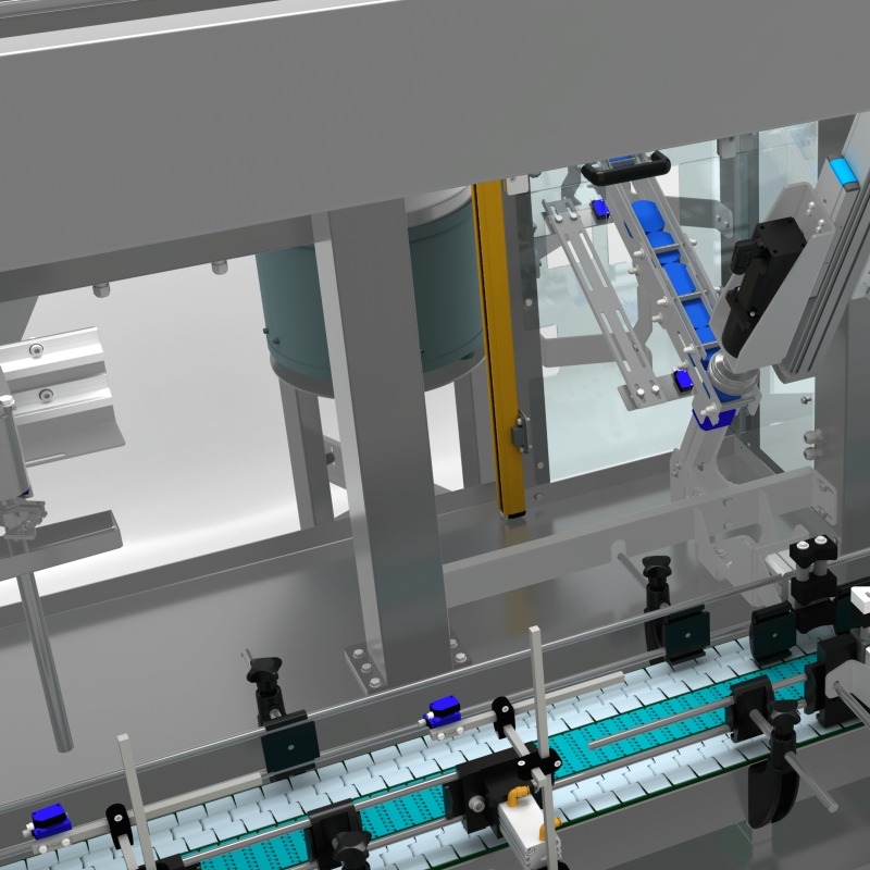Detail of AXTRA filling and capping monoblock showing the capping head and cap chute