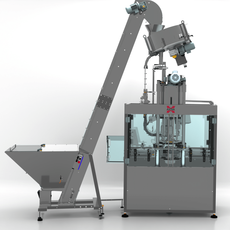Back view of the AXTRA Guala caps machine showing the cap elevator that feeds closures into the capping unit