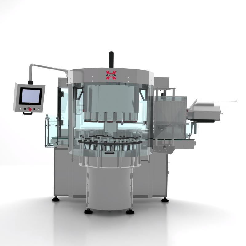 Rear view of the AXTRA short poly-laminate capsules machine showing the rotary carousel with vertical capsule application heads