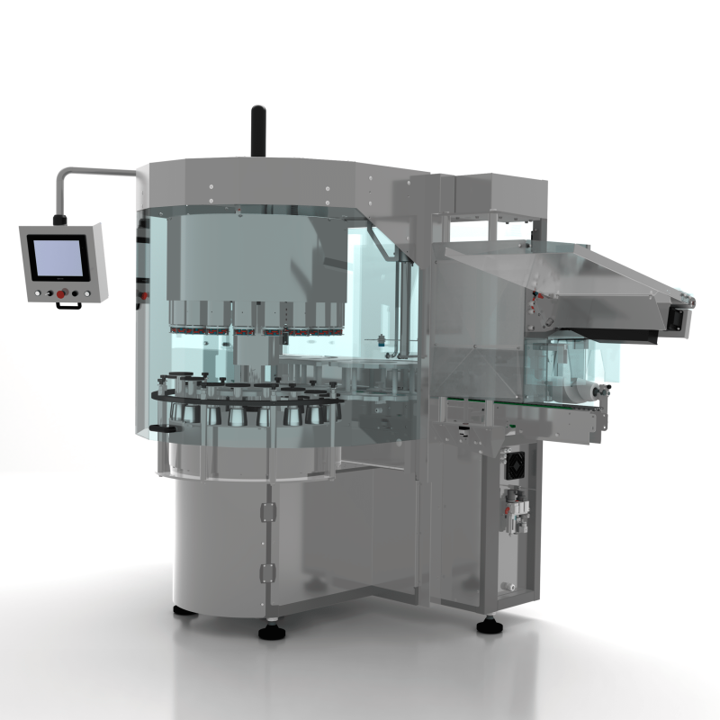 AXTRA rotary carousel machine with bottle-neck holders for long capsule application on sparkling wine bottles