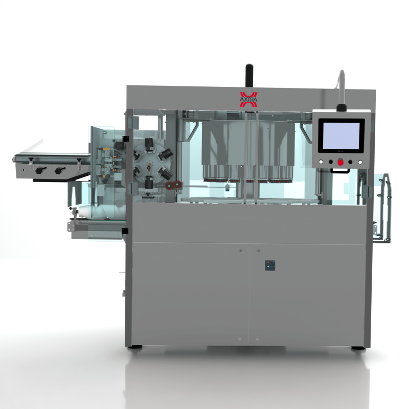 Front view of the AXTRA short poly-laminate capsules machine showing the bottle infeed conveyor and capsule application heads