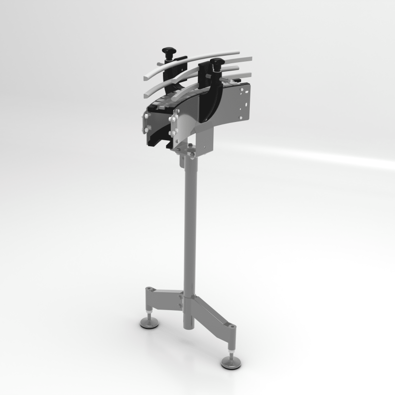 AXTRA conveyor curve in a 45-degree version, with adjustable guide rails on a telescopic support leg