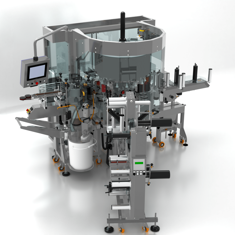 Front view of AXTRA combination labeler showing cold glue reservoir and self-adhesive rewinder