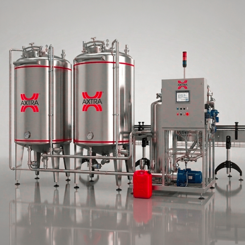 AXTRA branded CIP (Clean-in-Place) unit with twin stainless tanks and touchscreen control panel next to a filling line conveyor
