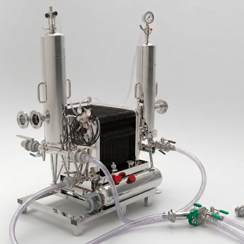 AXTRA compact filtration unit with plate filter and twin filter housings used to filter product before filling