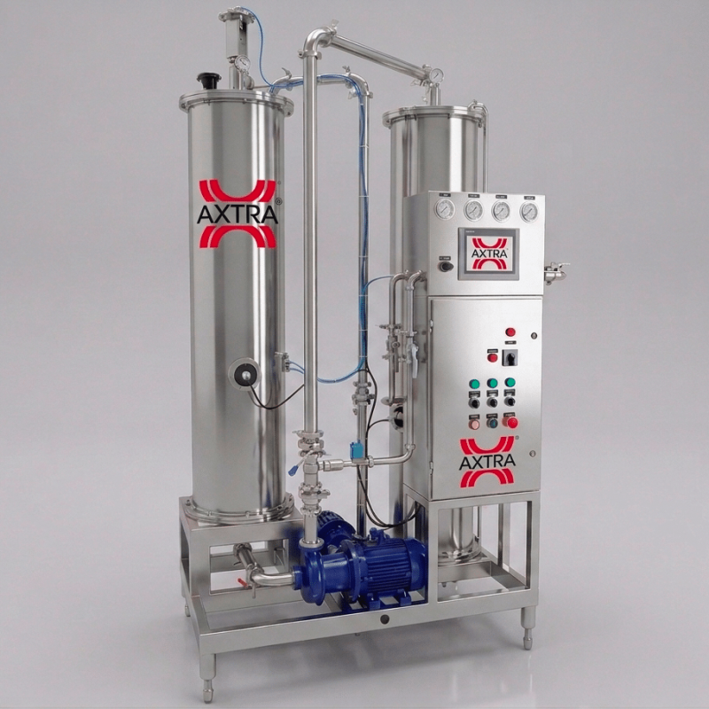 AXTRA branded CO2 saturator unit with twin stainless vessels and touchscreen control panel used to carbonate product before filling