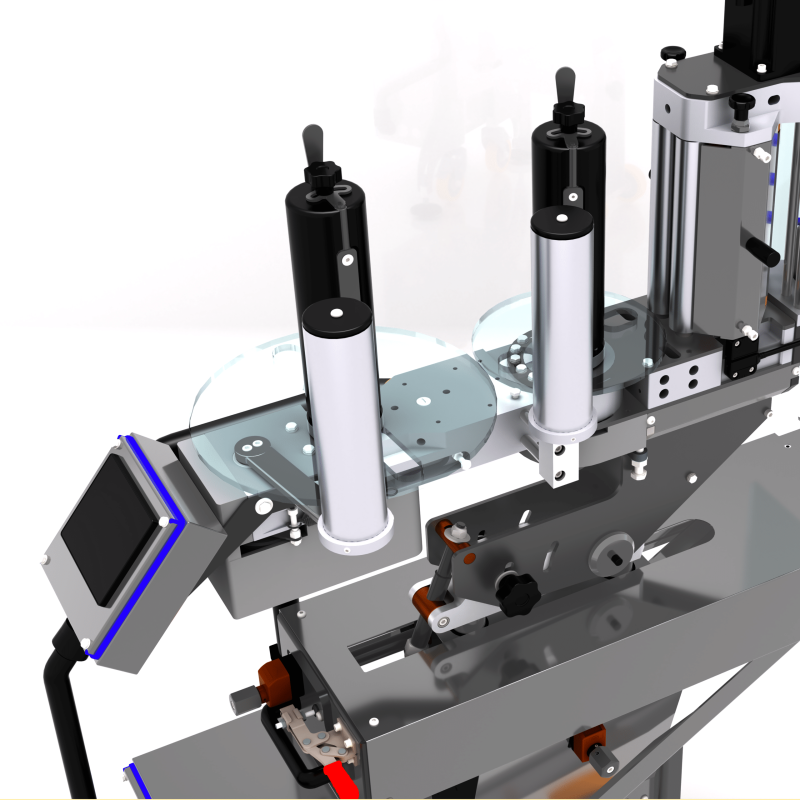Detail of AXTRA self-adhesive label unwind station with dual spindles and control panel