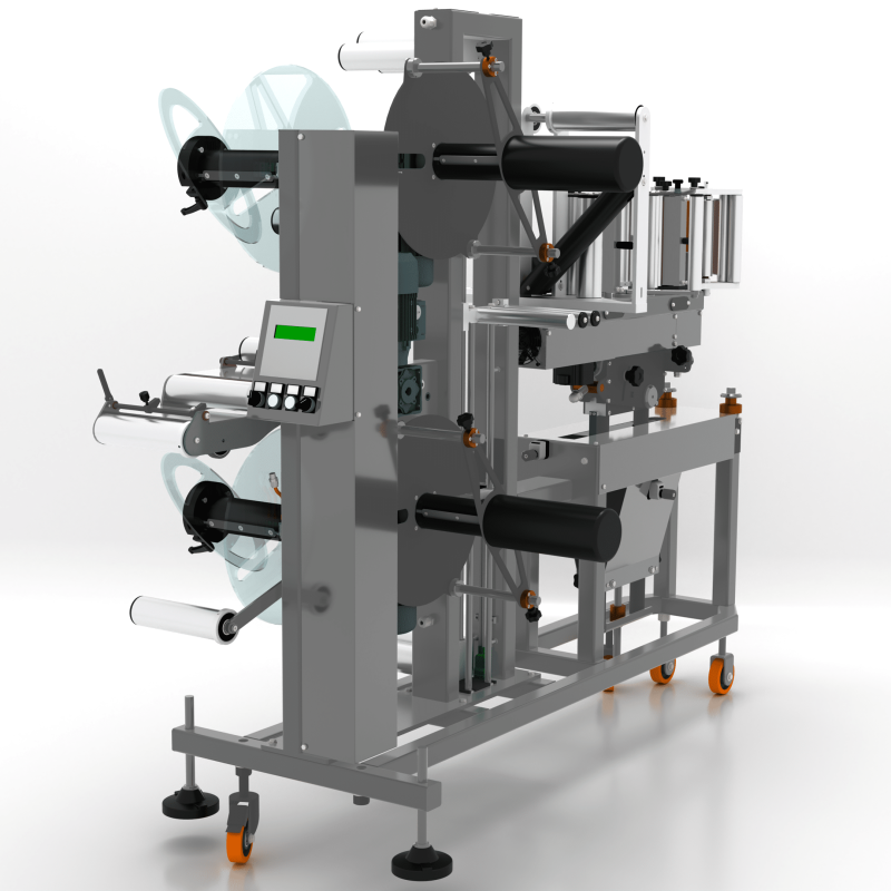 Opposite angle view of AXTRA label rewinder accessory showing spindles and control panel