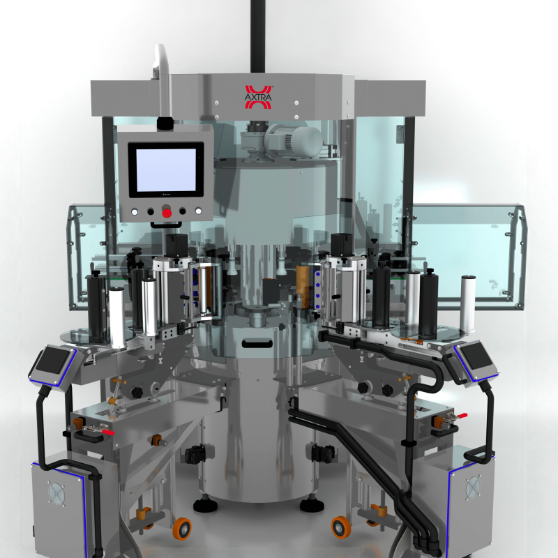 AXTRA rotary self-adhesive labeling machine with dual label application stations, front view