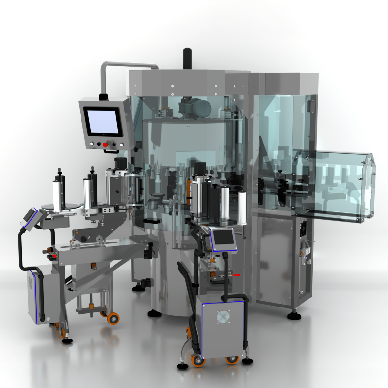 Three-quarter view of AXTRA rotary self-adhesive labeling machine with mobile label application stations