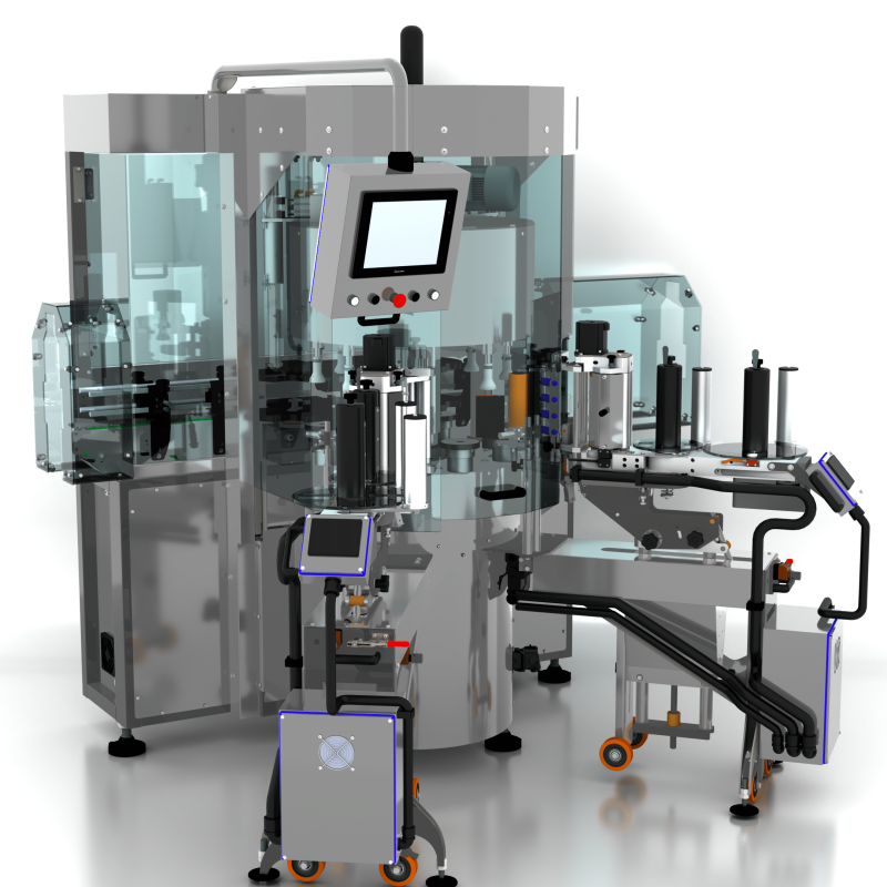 Opposite three-quarter view of AXTRA rotary self-adhesive labeling machine showing label application stations