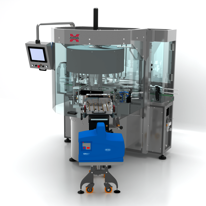 Detail of AXTRA hot melt labeling machine showing the label transfer pad and hot melt adhesive unit