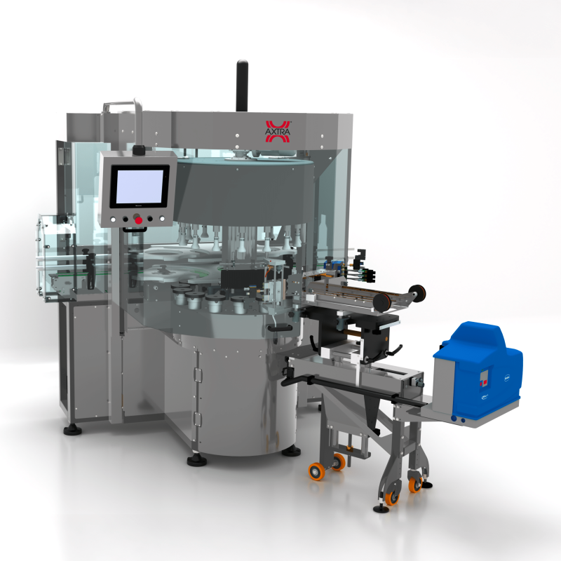 Three-quarter view of AXTRA hot melt rotary labeling machine with control panel and adhesive unit