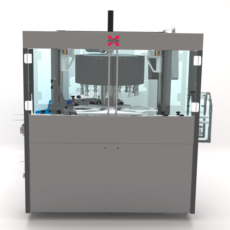 Front view of AXTRA hot melt labeling machine with safety guarding and rotary carousel