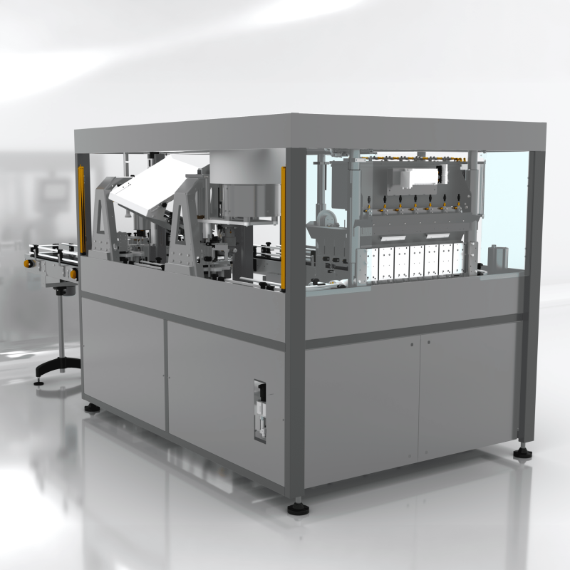 Rear view of AXTRA Miniline compact monoblock line showing internal filling heads