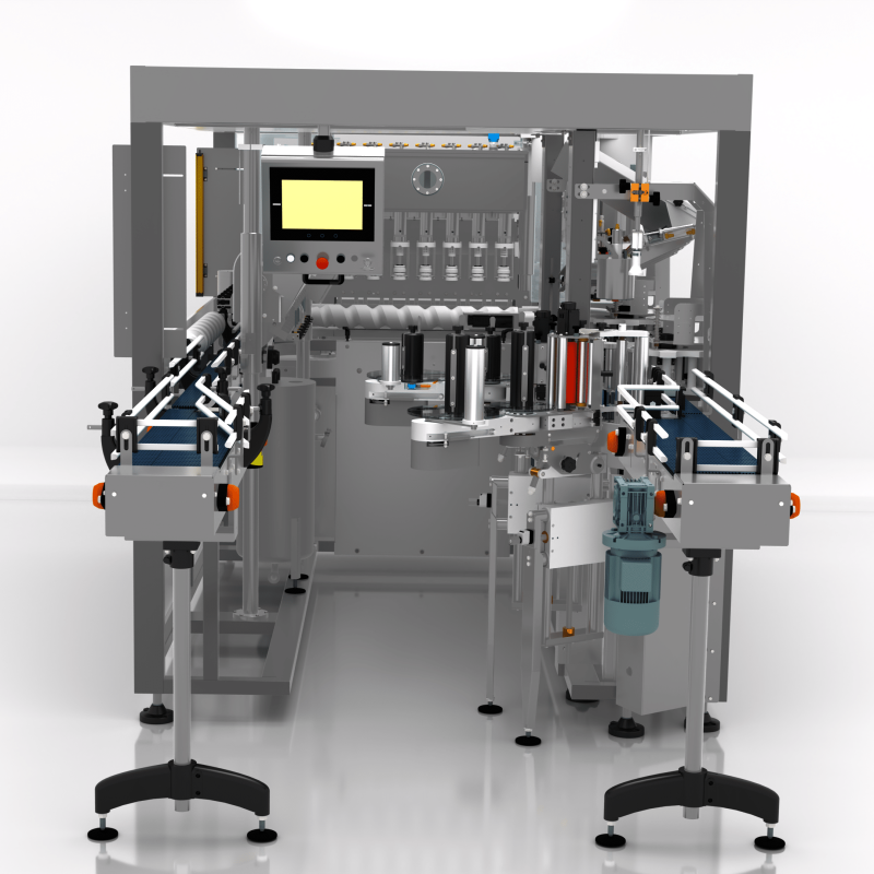 Front view of AXTRA Miniline compact monoblock line with infeed and output conveyors on mobile stands