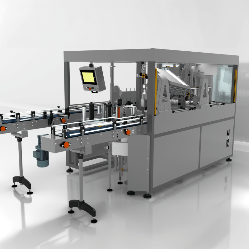 Opposite front view of AXTRA Miniline compact monoblock line with HMI panel and output conveyor