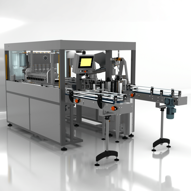 Front perspective view of AXTRA Miniline showing filling, capping and labelling stations in sequence