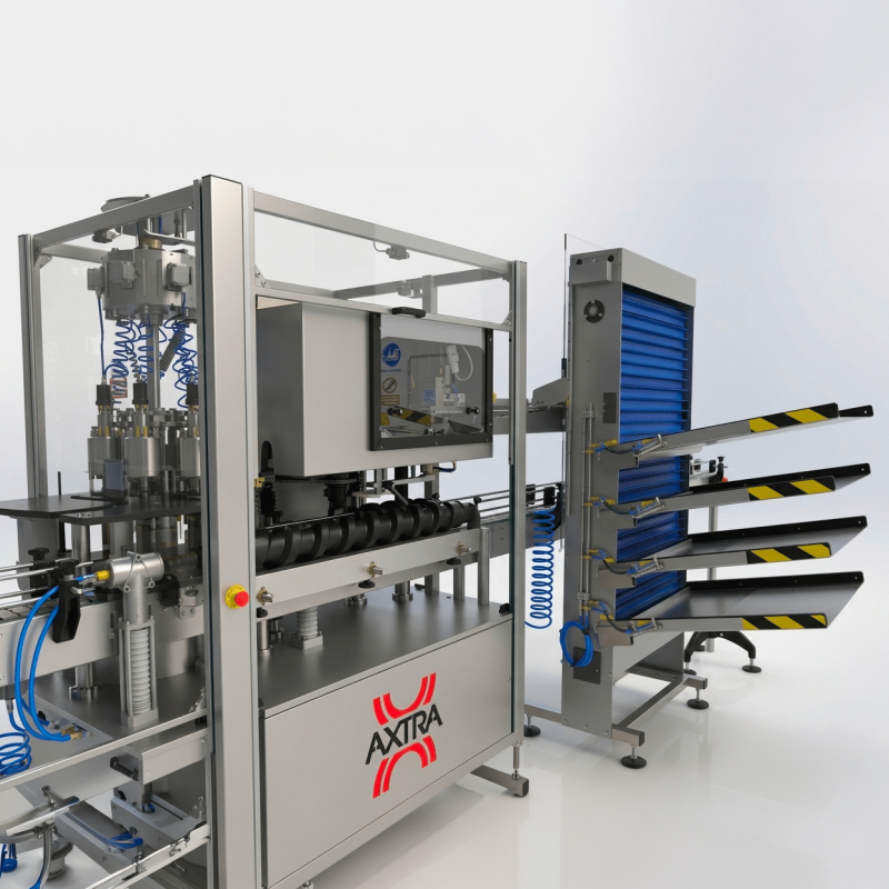 CAD render of AXTRA capsule magazine integrated with a monoblock machine for capsule feeding