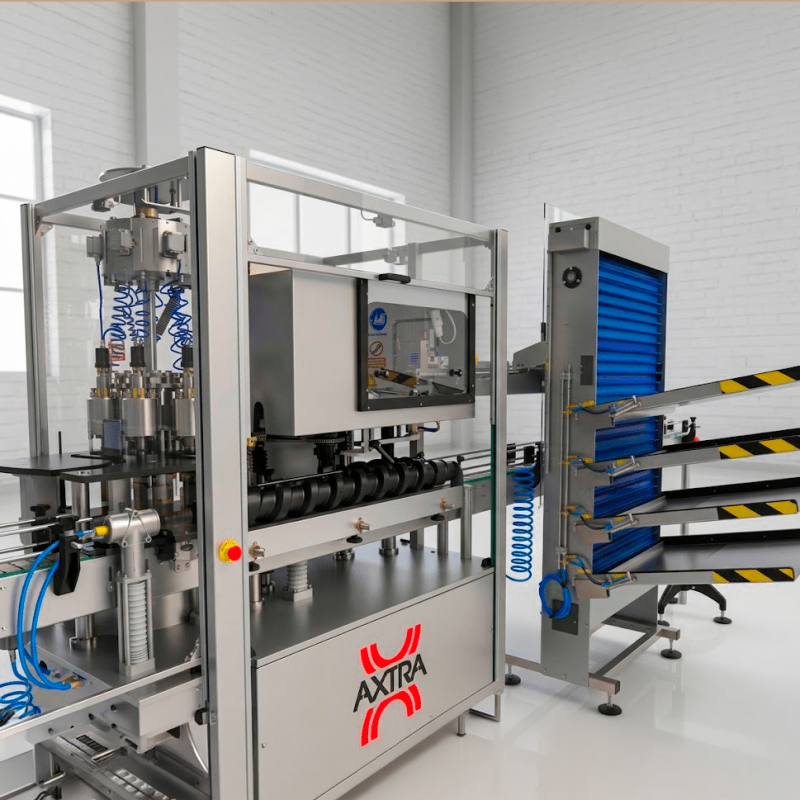 AXTRA monoblock machine with integrated capsule magazine accessory in a production environment