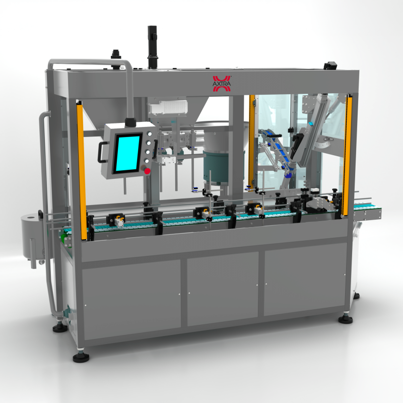 Perspective view of AXTRA filling and capping monoblock machine with HMI panel and cabinet base