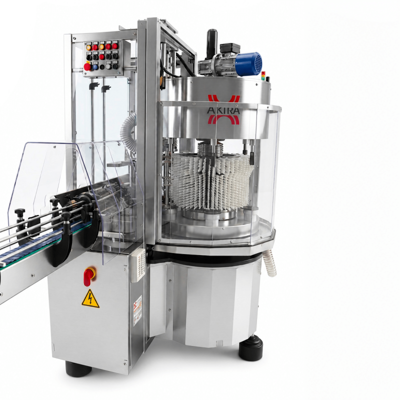 AXTRA external bottle washing and drying machine with infeed conveyor guides, control panel and safety guarding