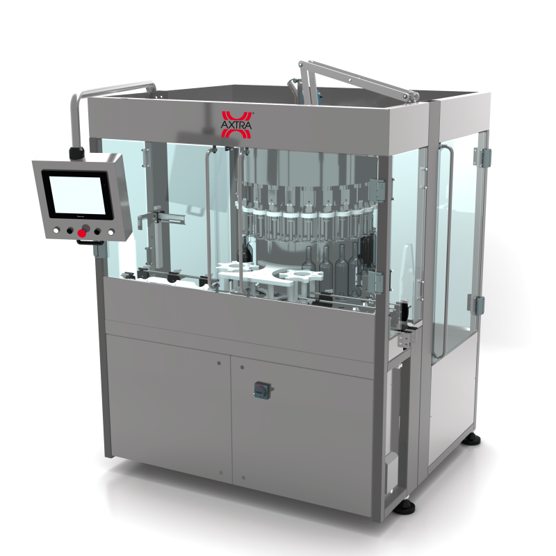 Bottles in filling position on AXTRA's still liquids filling machine, with HMI panel and infeed star wheel visible