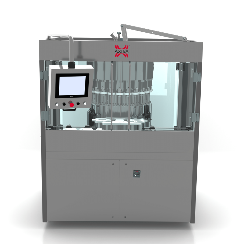 AXTRA still liquids filling machine, front view with HMI touchscreen and control panel