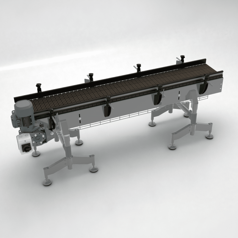 AXTRA carton roller conveyor in stainless steel version, with a motor drive unit and adjustable guide rail