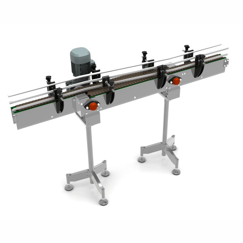 AXTRA switch in steel version, a 2-metre motorized conveyor section with adjustable guide rails for container distribution