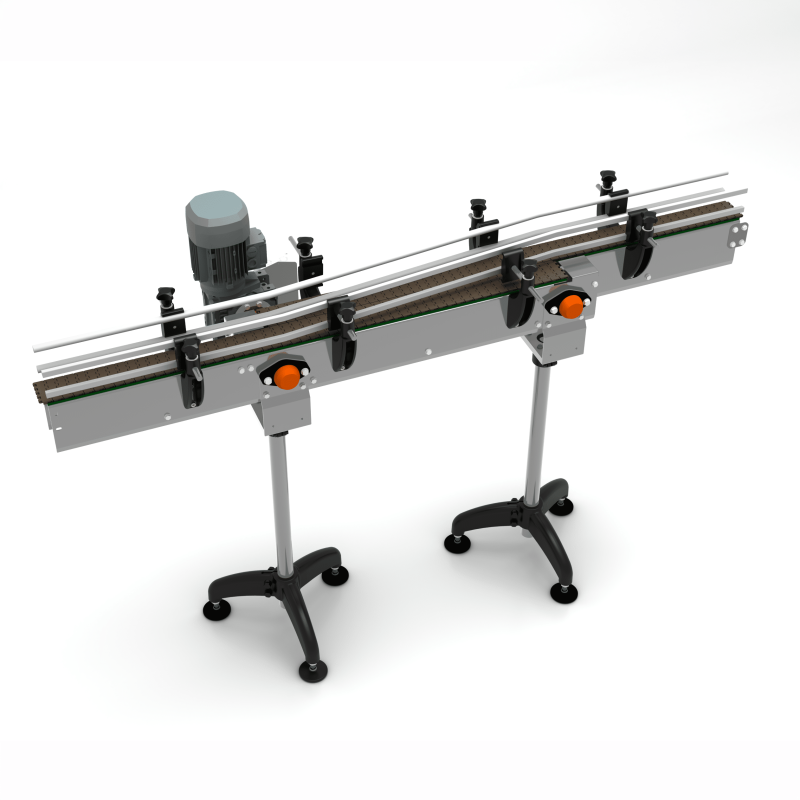 AXTRA switch in plastic modular belt version, a 2-metre motorized conveyor section with adjustable guide rails
