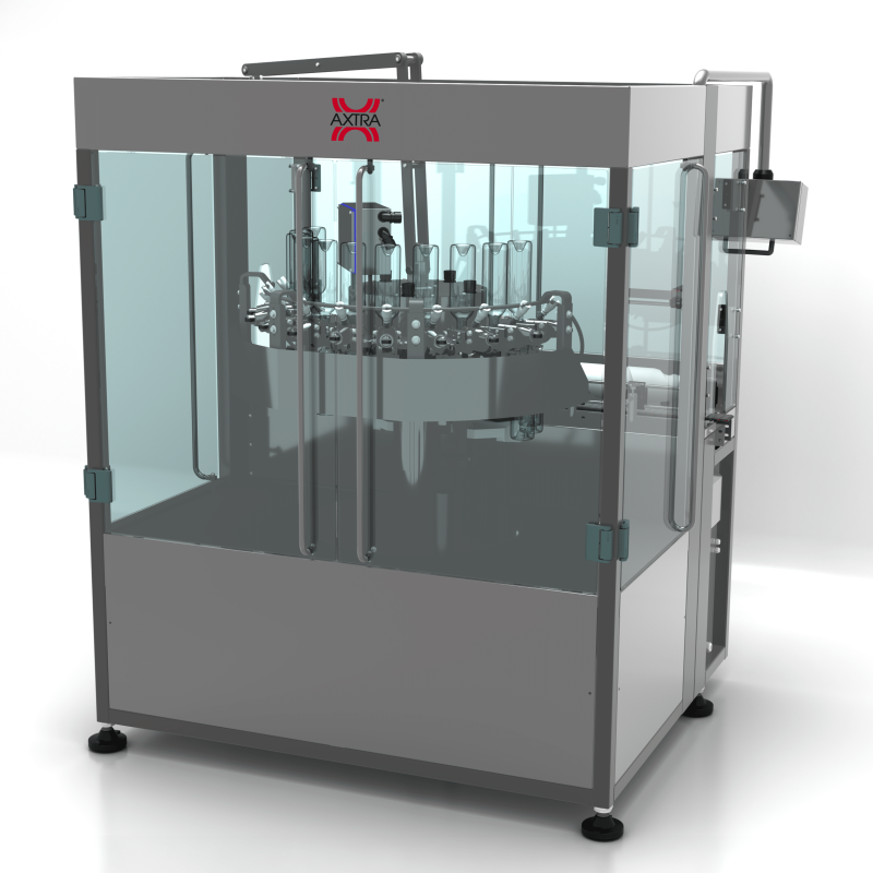 AXTRA bottle sterilization system, rear three-quarter view showing the side-mounted control unit